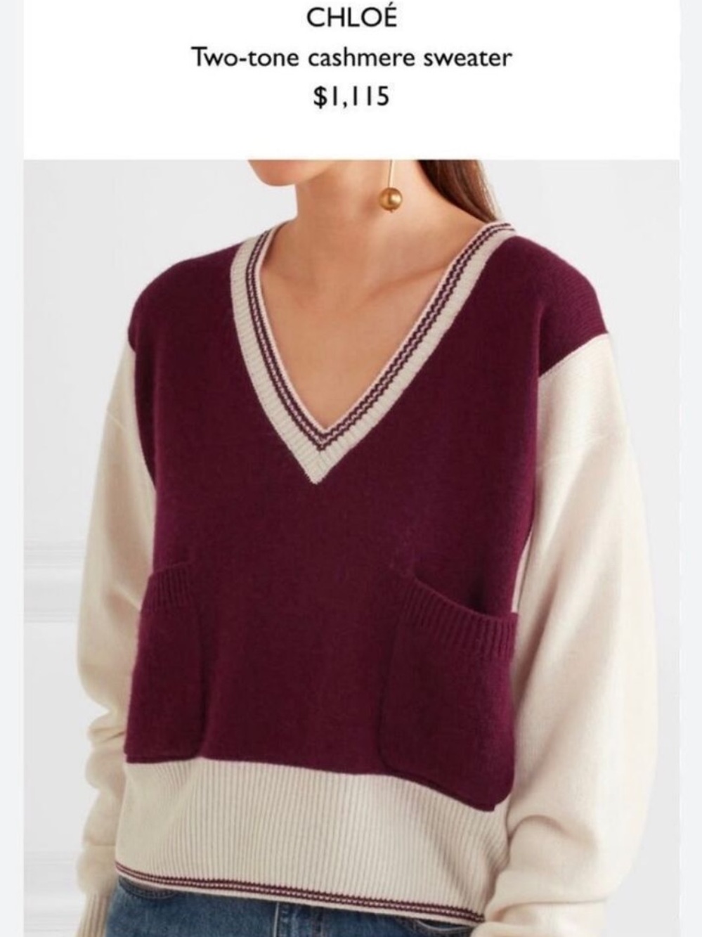Chloé | Burgundy & Cream Varsity V-Neck Sweater | Size Small